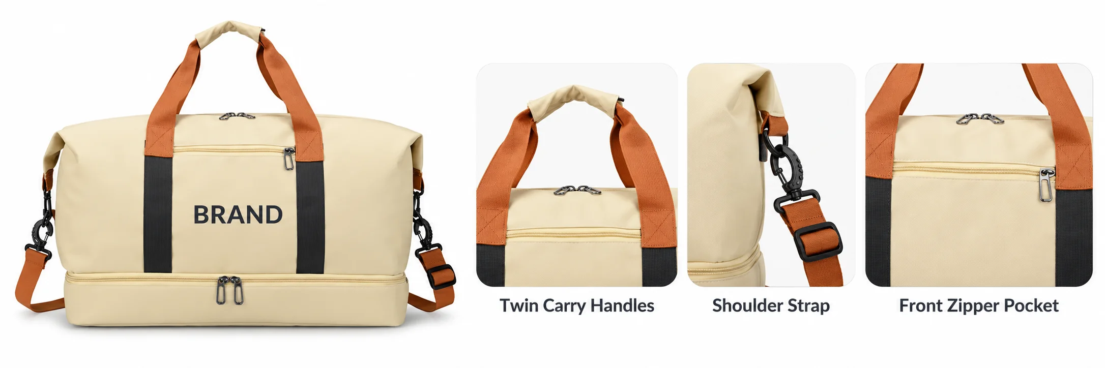 Cream duffel beside close-ups of orange handles, shoulder strap attachment and front zipper pocket.