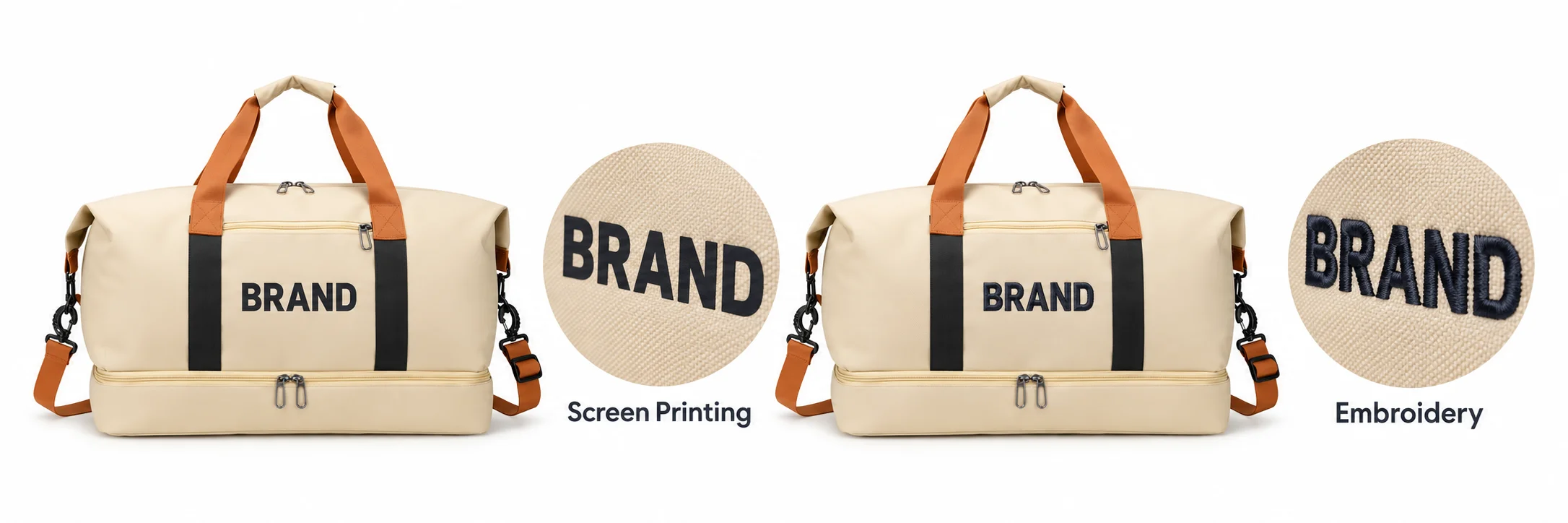 Cream Oxford duffel views showing dark printed and embroidered lettering with enlarged finish details.