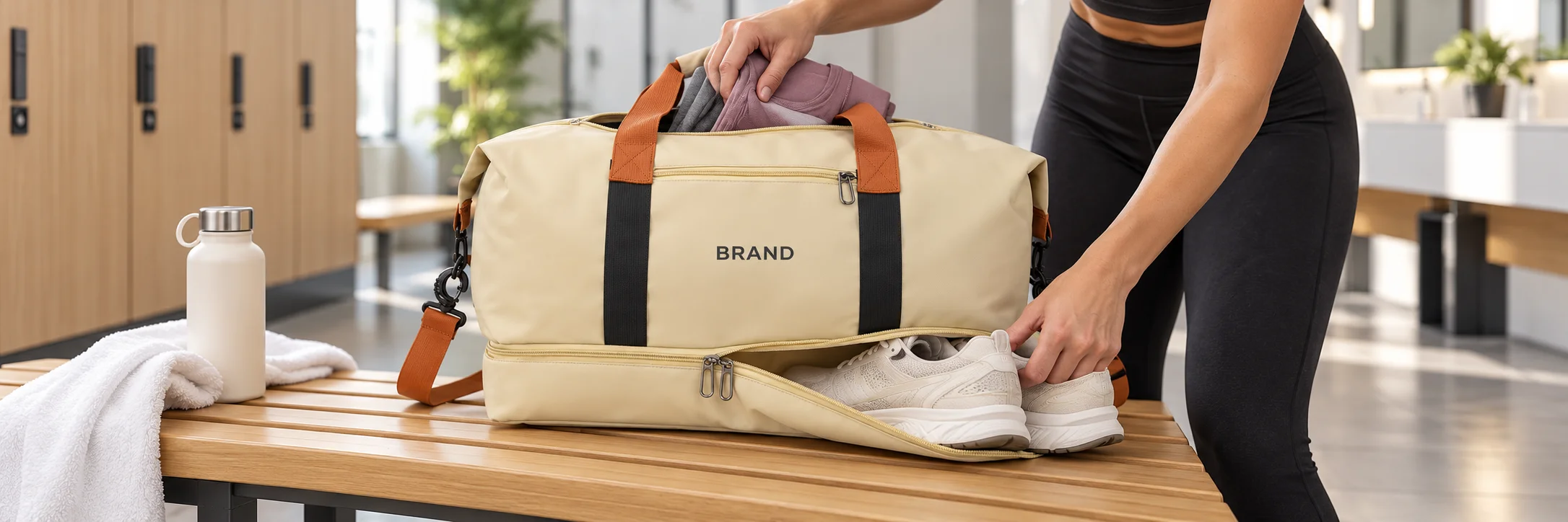 Person packing workout clothing and shoes into separate compartments of a cream Oxford duffel on a gym bench.