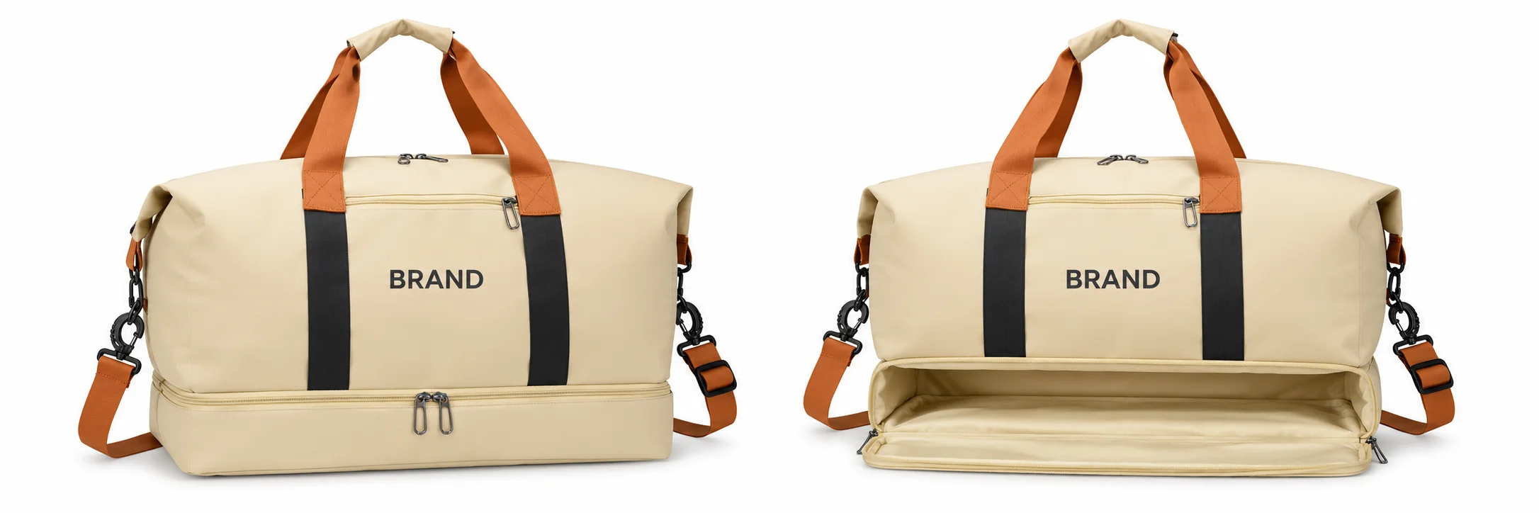 Closed cream Oxford duffel beside a view showing its separate lower shoe compartment.