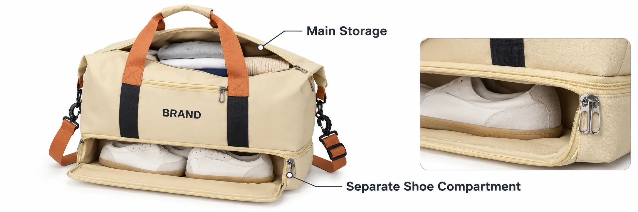 Cream duffel showing clothing in its main compartment and shoes in the separately zipped lower section.