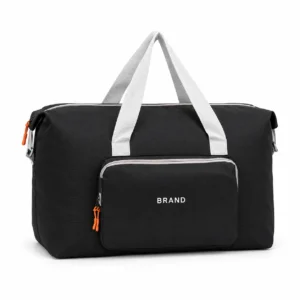 Black weekender travel bag with white lettering, light-colored twin handles and a front zipper pocket.