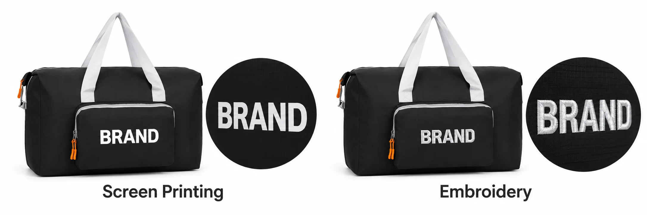 Black weekender views showing white printed and embroidered lettering with enlarged finish details.