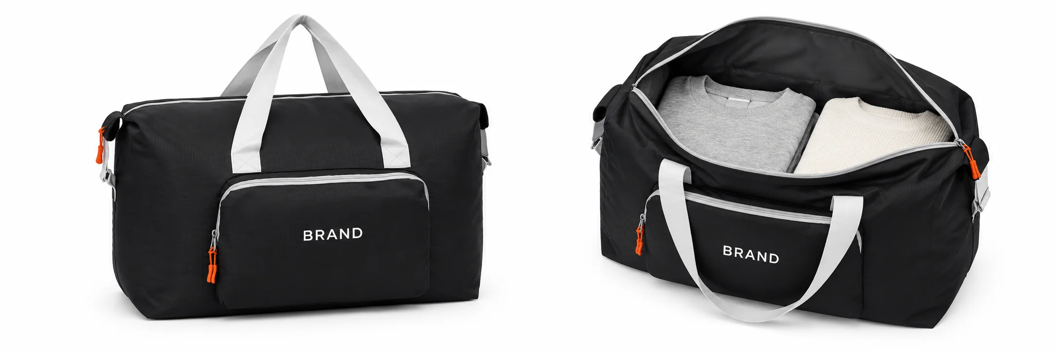 Closed black weekender with white lettering beside an open view showing folded clothing in the main compartment.