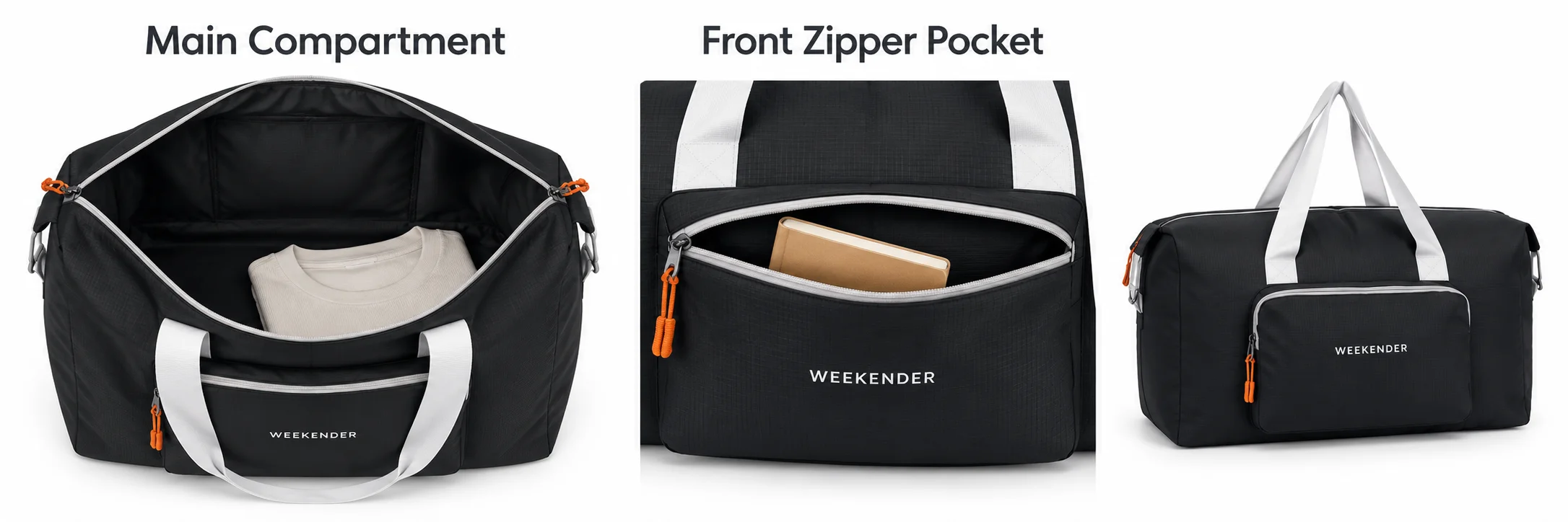 Open black weekender beside a front zipper pocket detail and a closed exterior view.