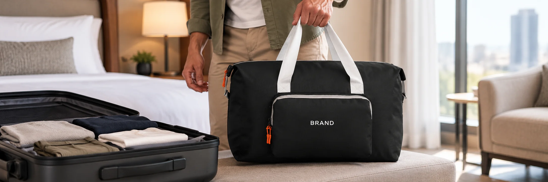 Traveler lifting a black weekender by its light-colored handles beside a suitcase on a hotel packing bench.