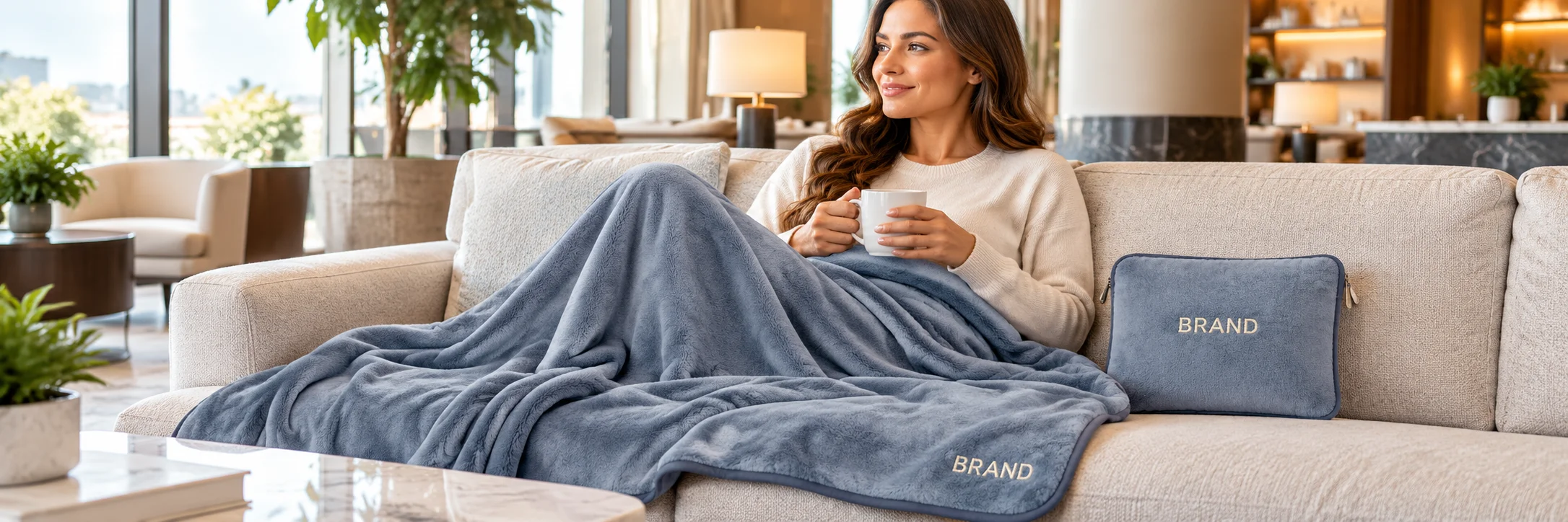 Woman seated in a hotel lounge with a blue-gray plush blanket and matching pouch beside her