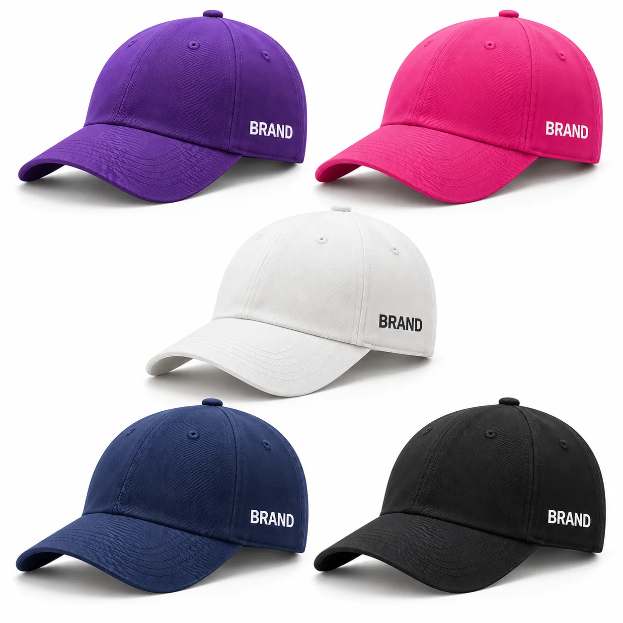 Purple, pink, white, navy and black baseball caps with left-panel lettering
