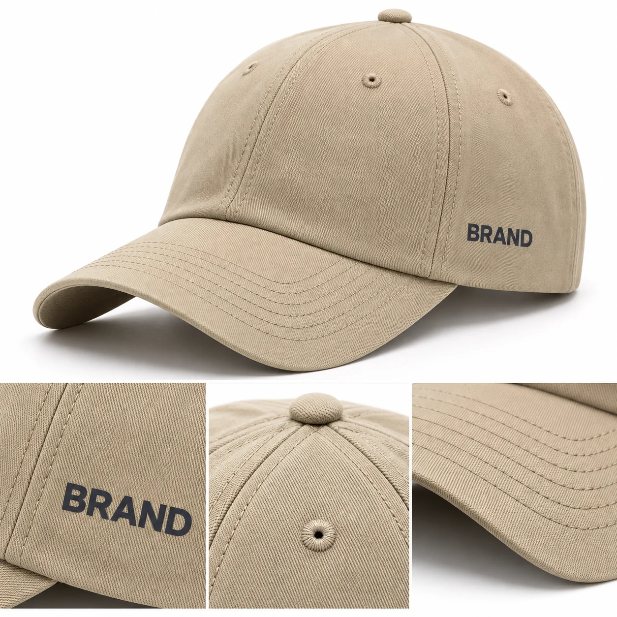 Beige cap with close-ups of its crown seam, stitched eyelet and curved brim