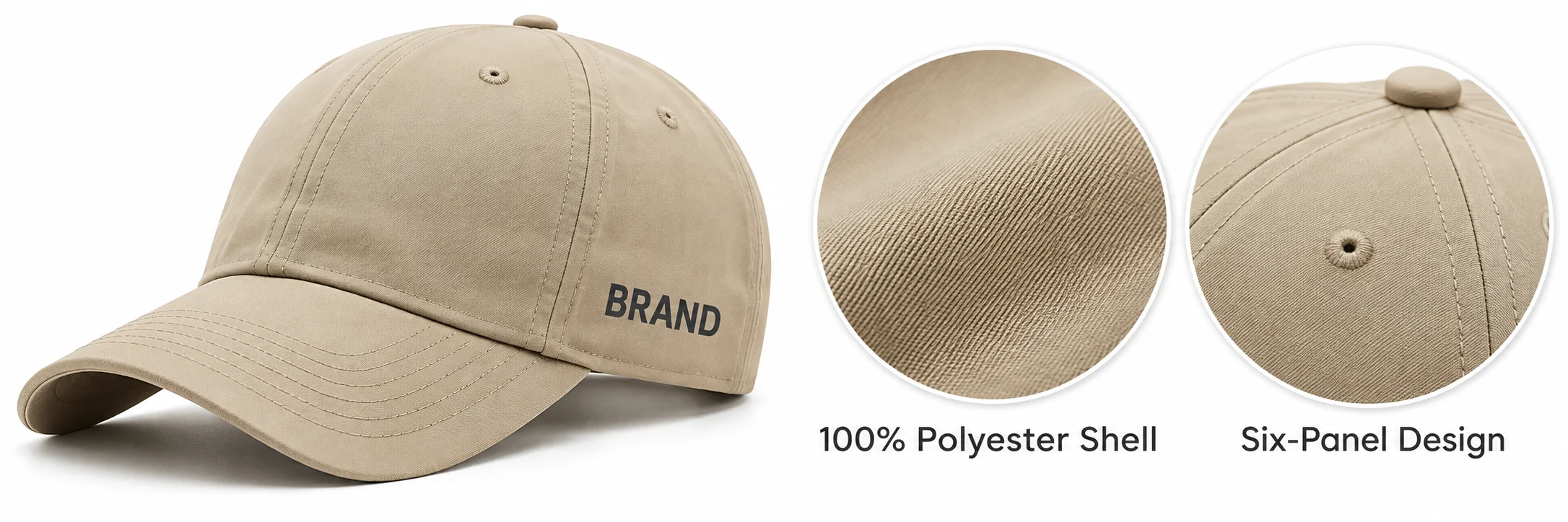Beige cap beside enlarged views of its shell fabric, crown seam and eyelet