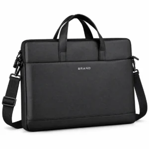 Black polyester laptop bag with white lettering, twin handles, front zipper pocket and shoulder strap.