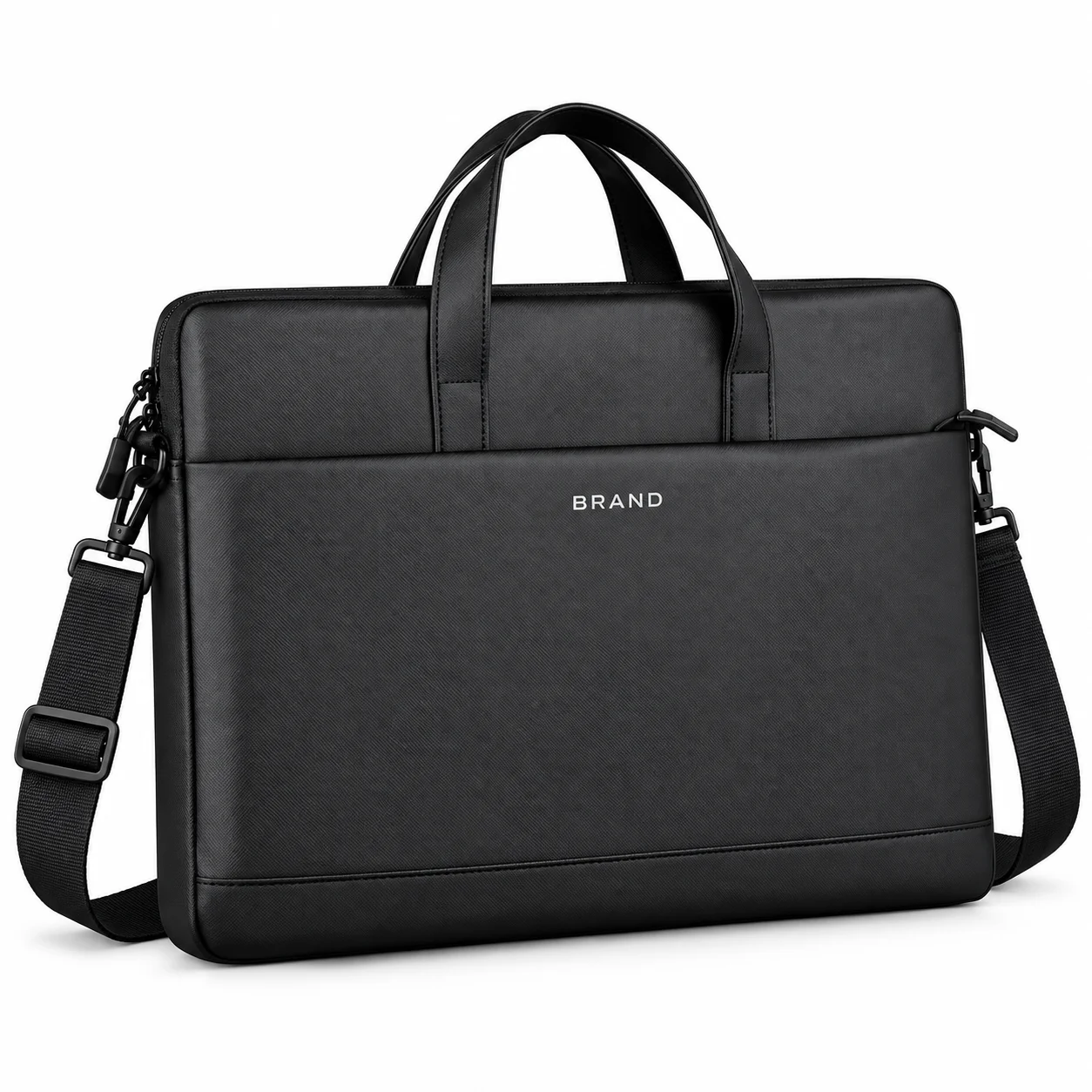 Black polyester laptop bag with white lettering, twin handles, front zipper pocket and shoulder strap.