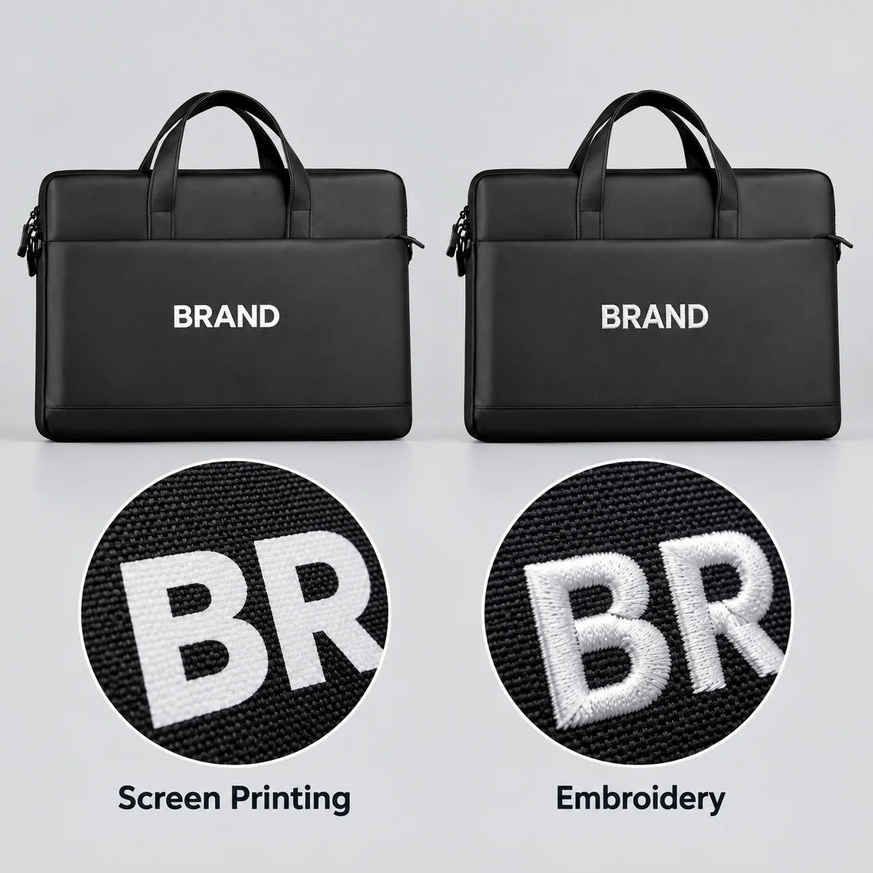Two black laptop bag views comparing white printed and embroidered lettering with enlarged finish details.