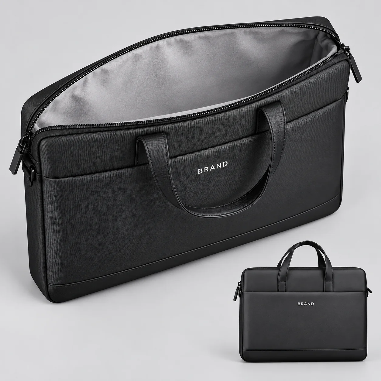 Open black laptop bag showing its soft light-gray lining beside a closed exterior view with white lettering.