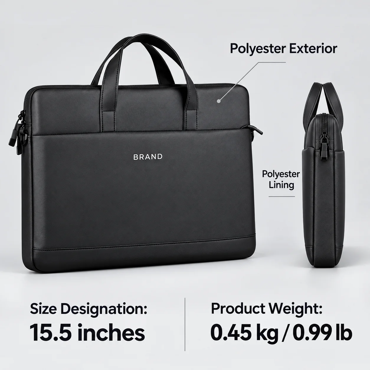 Black laptop bag with labels identifying the 15.5-inch size designation, polyester material and 0.45-kilogram weight.