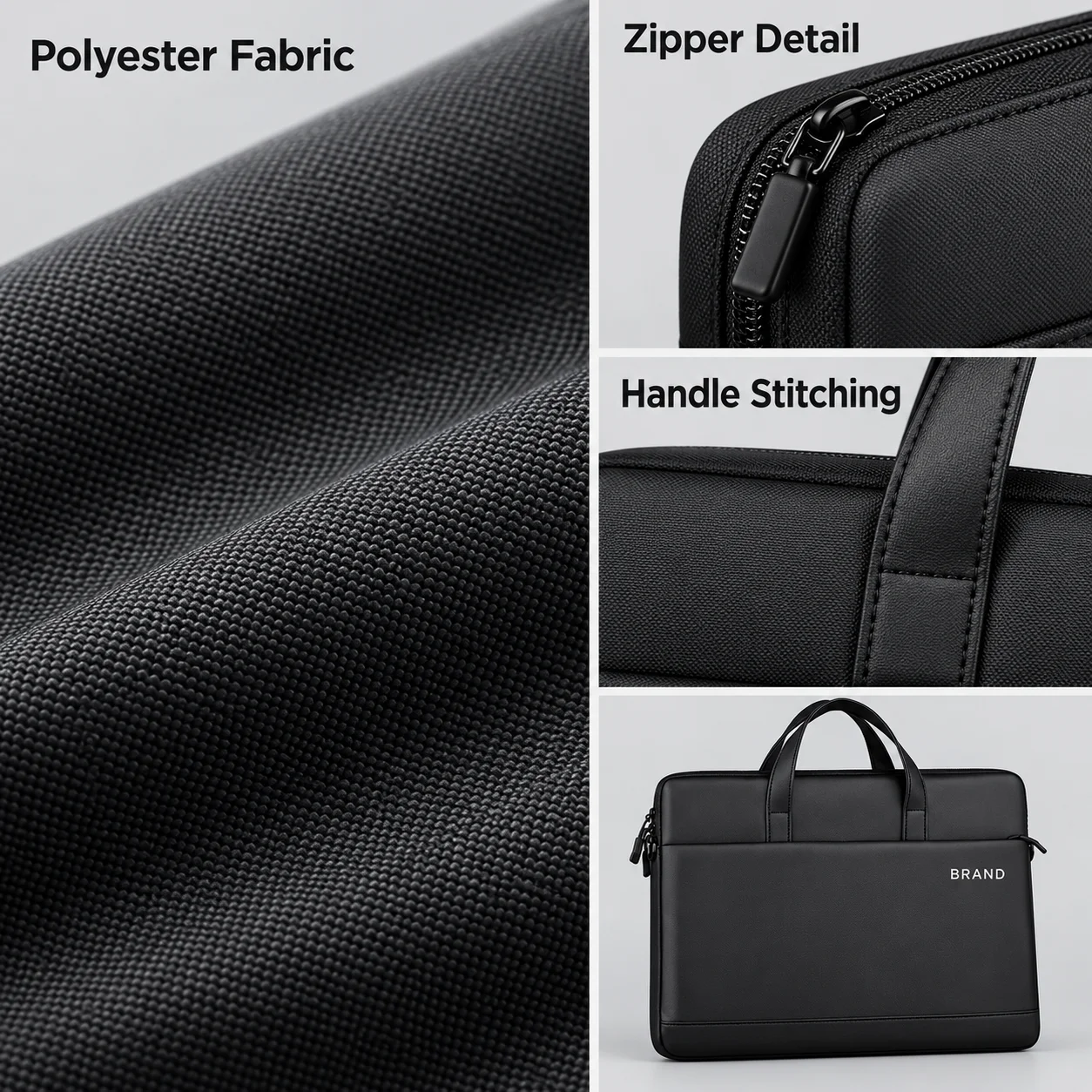 Close-ups of black polyester fabric, zipper hardware and handle stitching beside a small laptop bag view.
