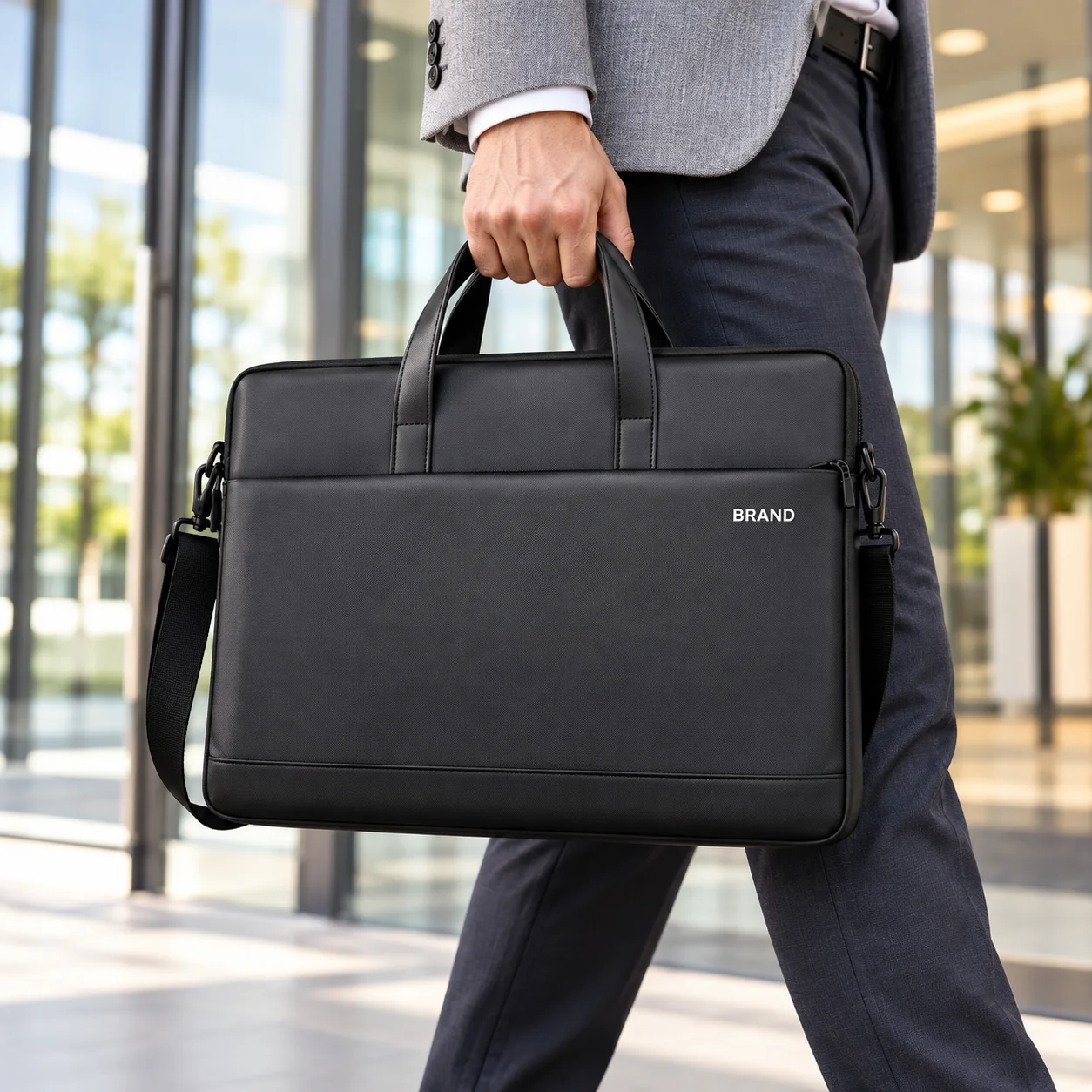 Professional carrying a black polyester laptop bag with white lettering by its twin handles near an office entrance.