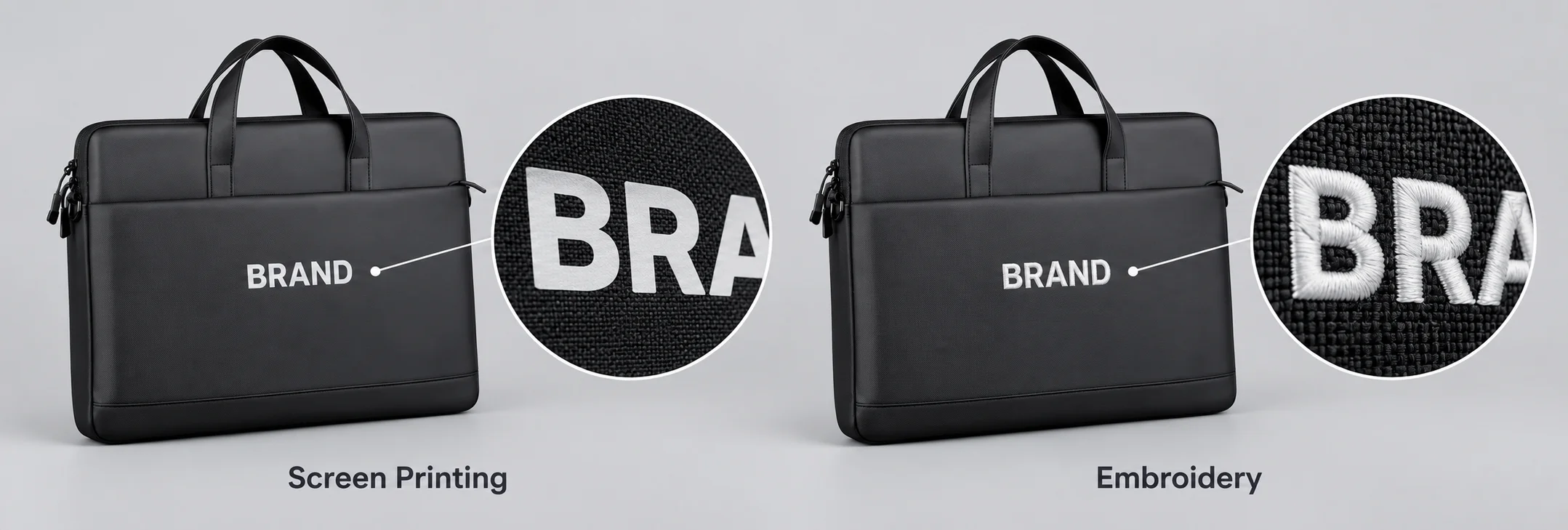 Black polyester laptop bag views showing printed and embroidered white lettering with enlarged finish details.