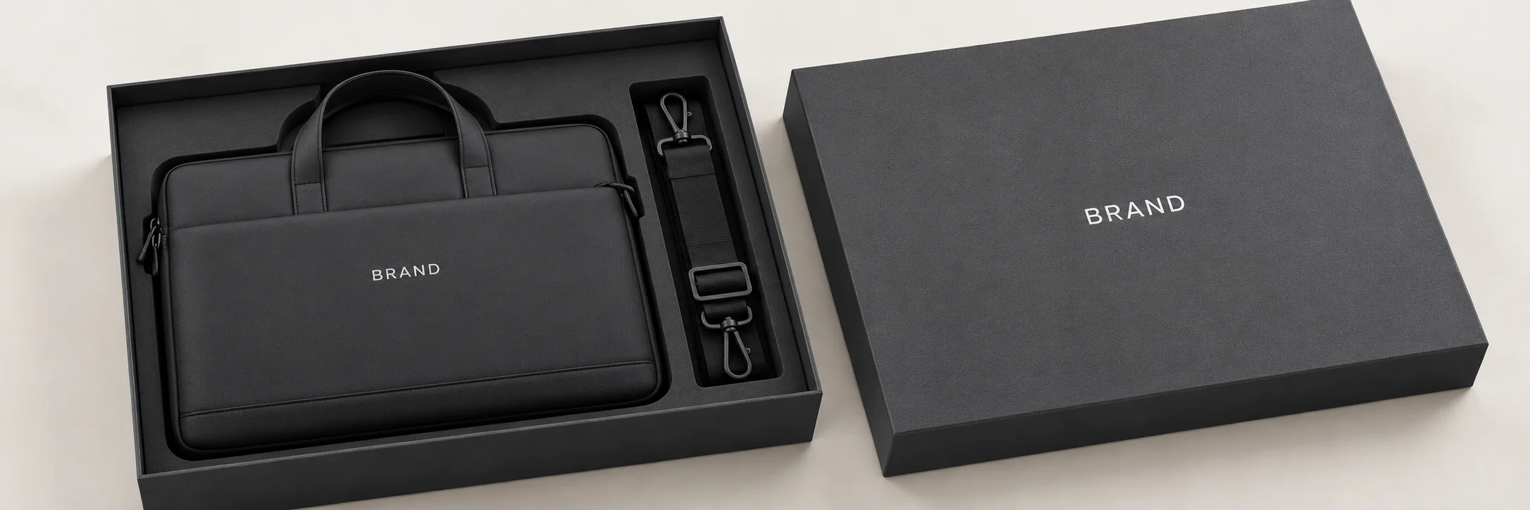 Black laptop bag with white lettering inside a fitted charcoal presentation box beside its matching lid.