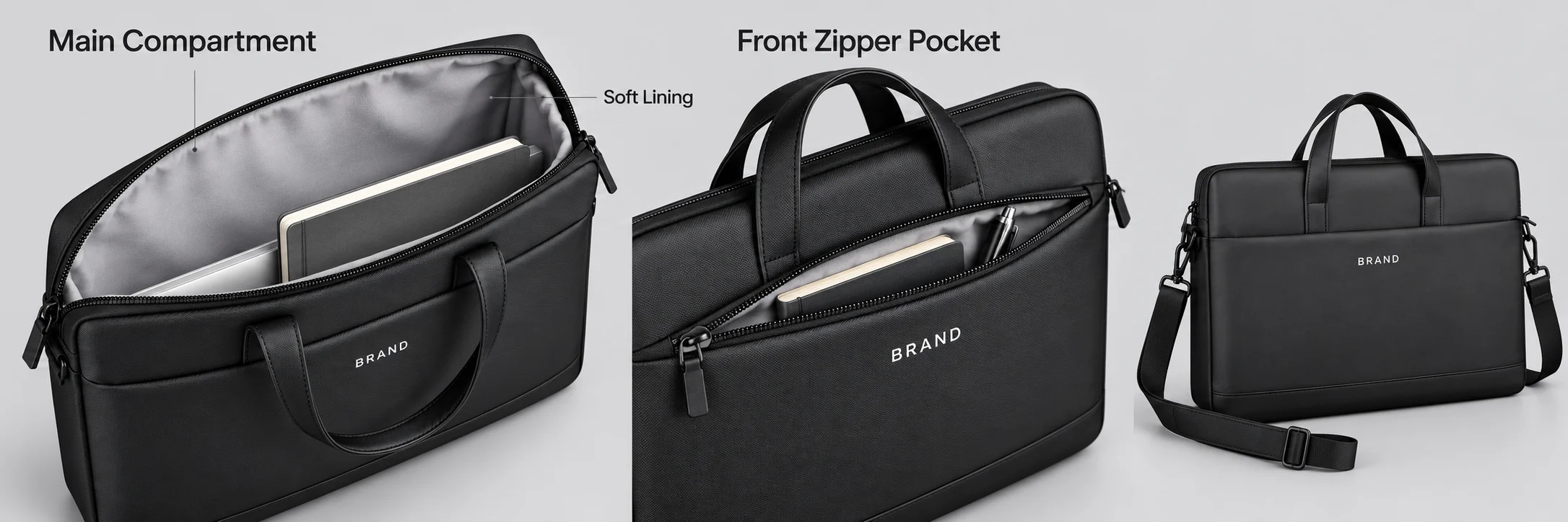 Open laptop bag showing its lining beside a front zipper pocket detail and a closed exterior view.