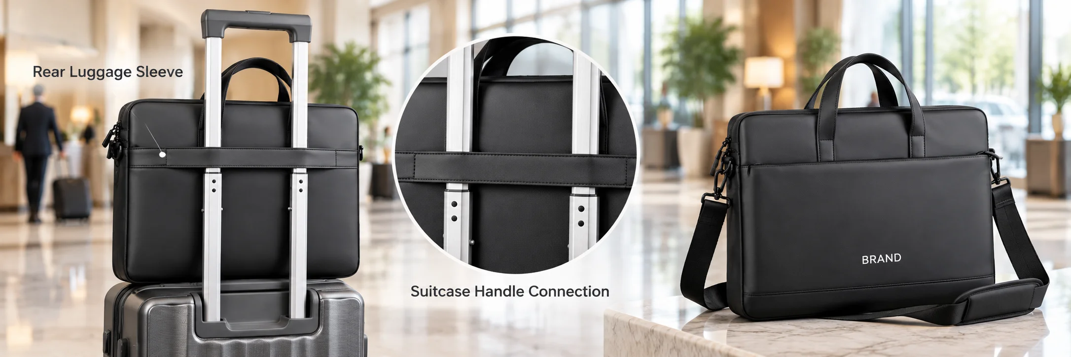 Black laptop bag fitted over a suitcase handle beside a sleeve connection detail and front product view.