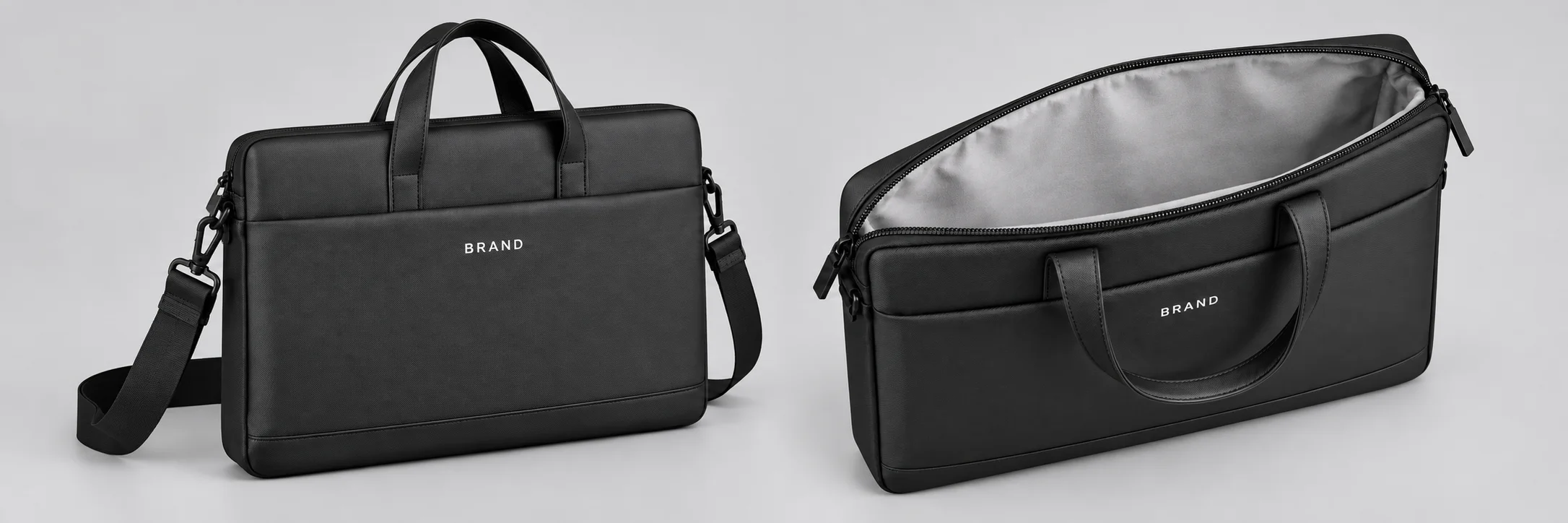 Closed black laptop bag with white lettering beside an open view showing its soft light-gray lining.