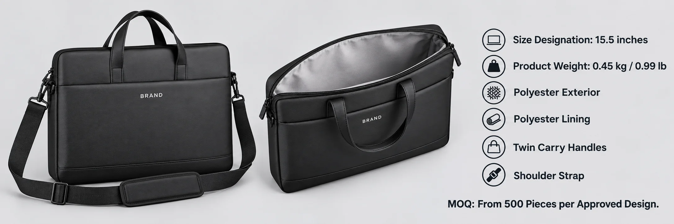 Black laptop bag with labels for its 15.5-inch size designation, weight, polyester materials and carrying options.