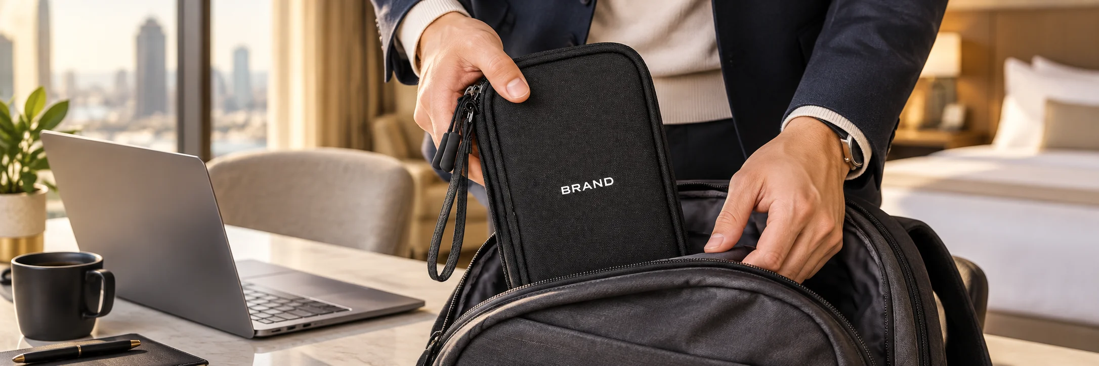 Traveler placing a black polyester organizer with white lettering into a work backpack on a hotel desk.