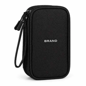 Closed black polyester tech organizer with white lettering, rounded corners, zipper closure and wrist loop.