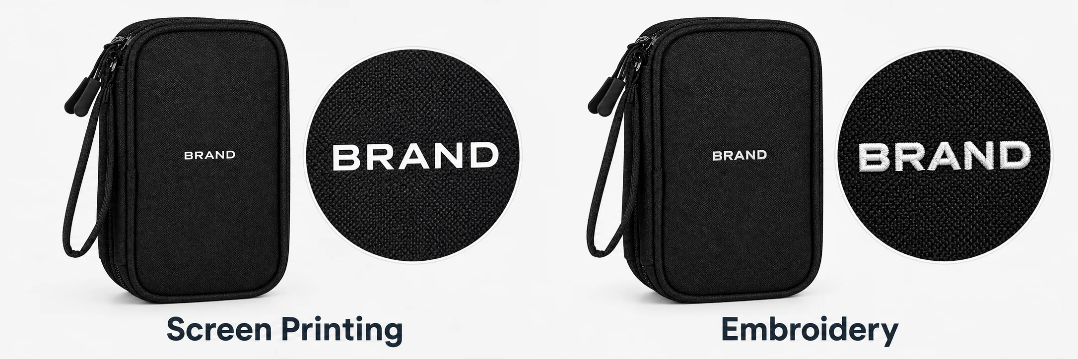 Black organizer views illustrating white screen-printed and embroidered lettering with enlarged finish details.