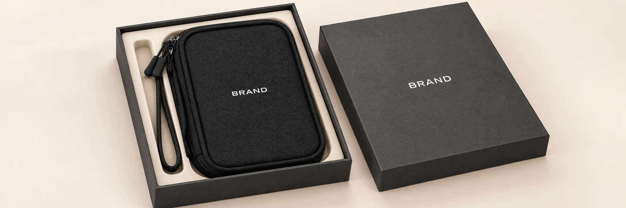 Black polyester organizer with white lettering inside a fitted charcoal presentation box beside its matching lid.