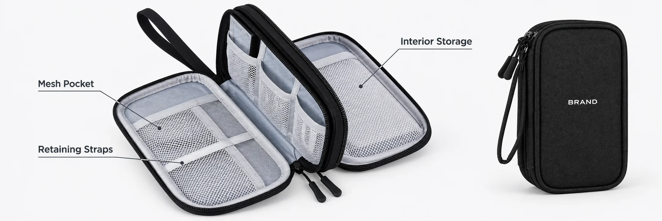 Empty open organizer showing mesh storage areas and retaining straps beside a closed black exterior view.