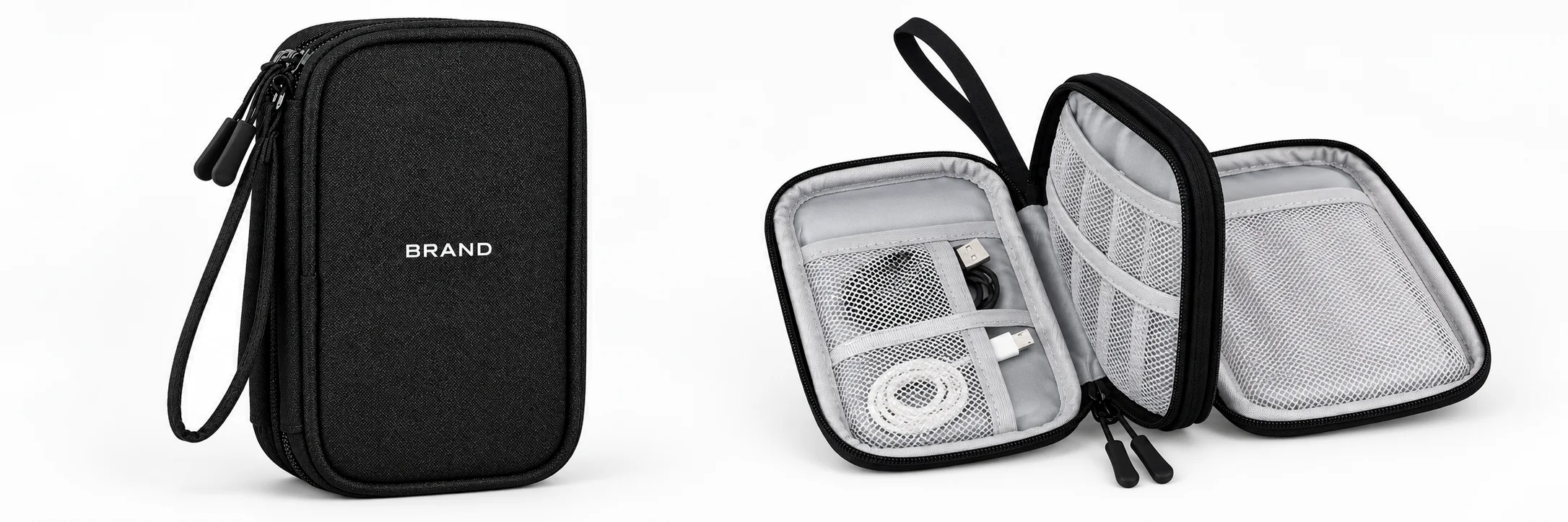 Closed black organizer with white lettering beside an open view showing interior storage and example cables.