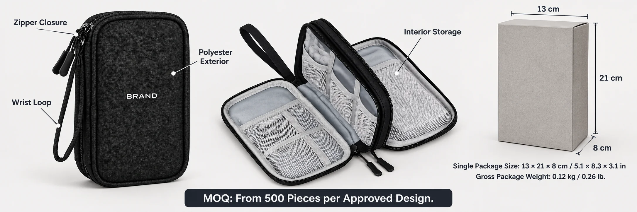 Black organizer with feature labels beside separate package dimensions, gross weight and minimum order information.