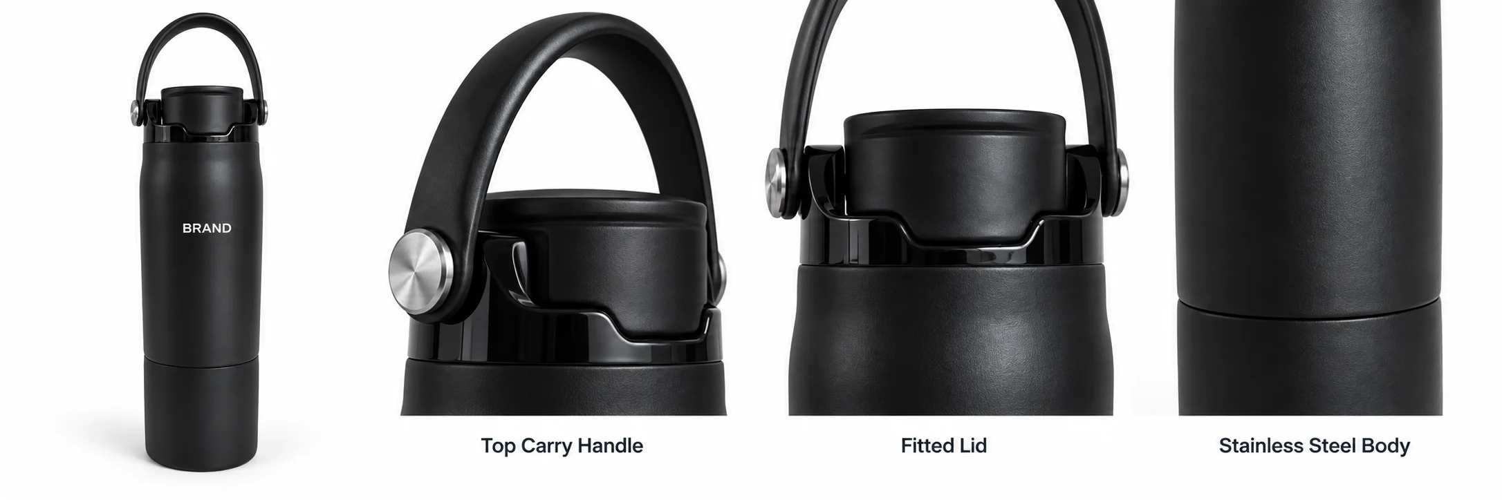 Black sports bottle with enlarged views of its top handle attachment, lid and exterior finish