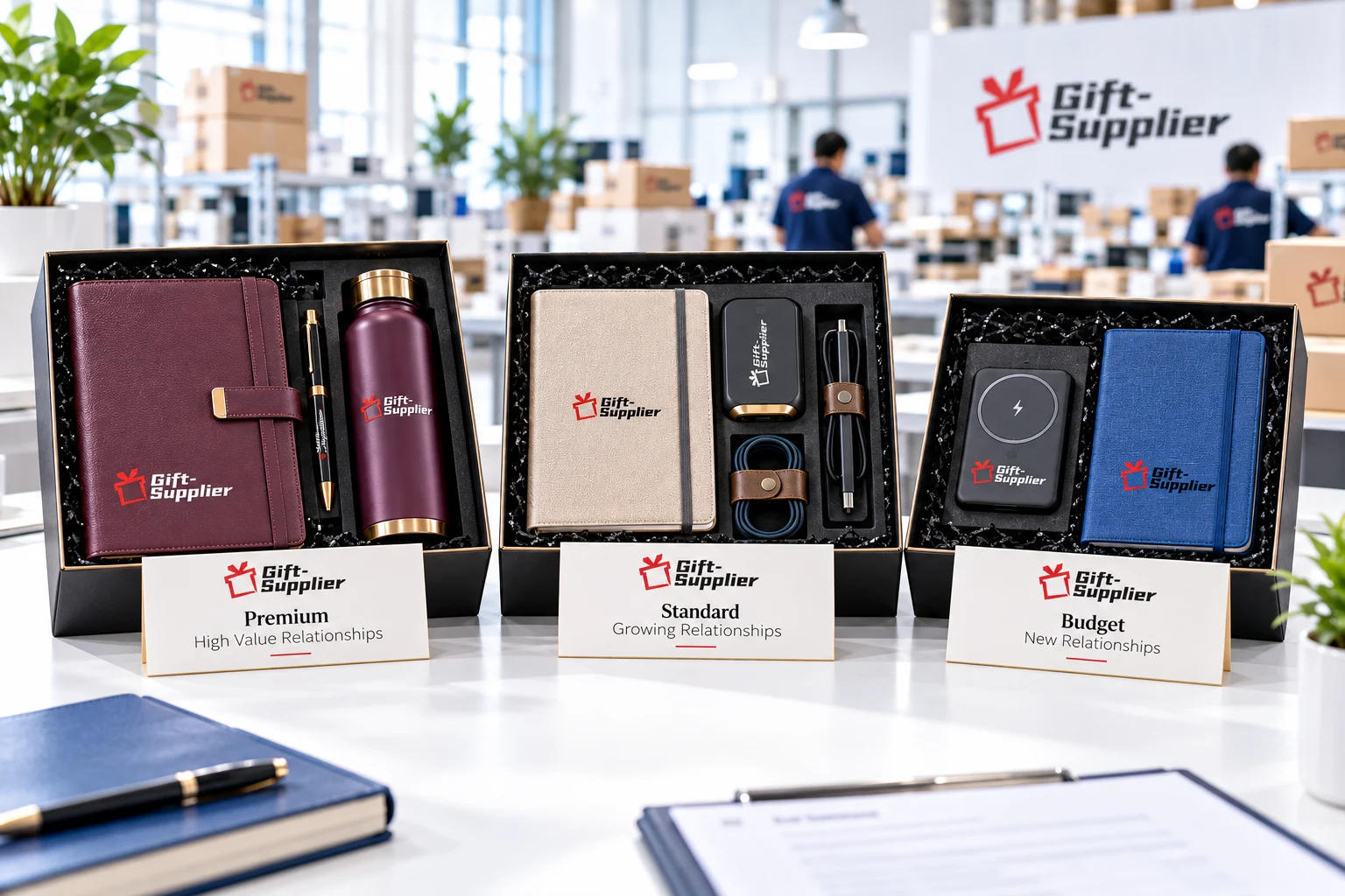 Corporate gift planner reviewing premium, standard, and budget recipient categories with corresponding branded gift sets and planning documents.