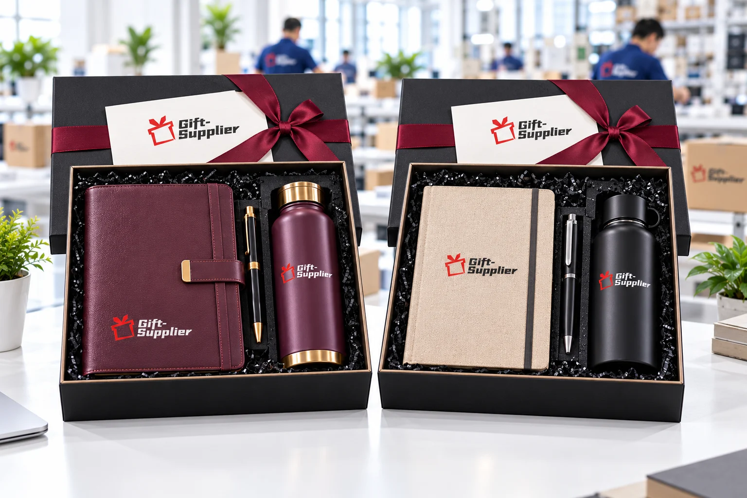 Two corporate gift boxes comparing premium and standard gift sets with branded notebooks, pens, and reusable bottles.