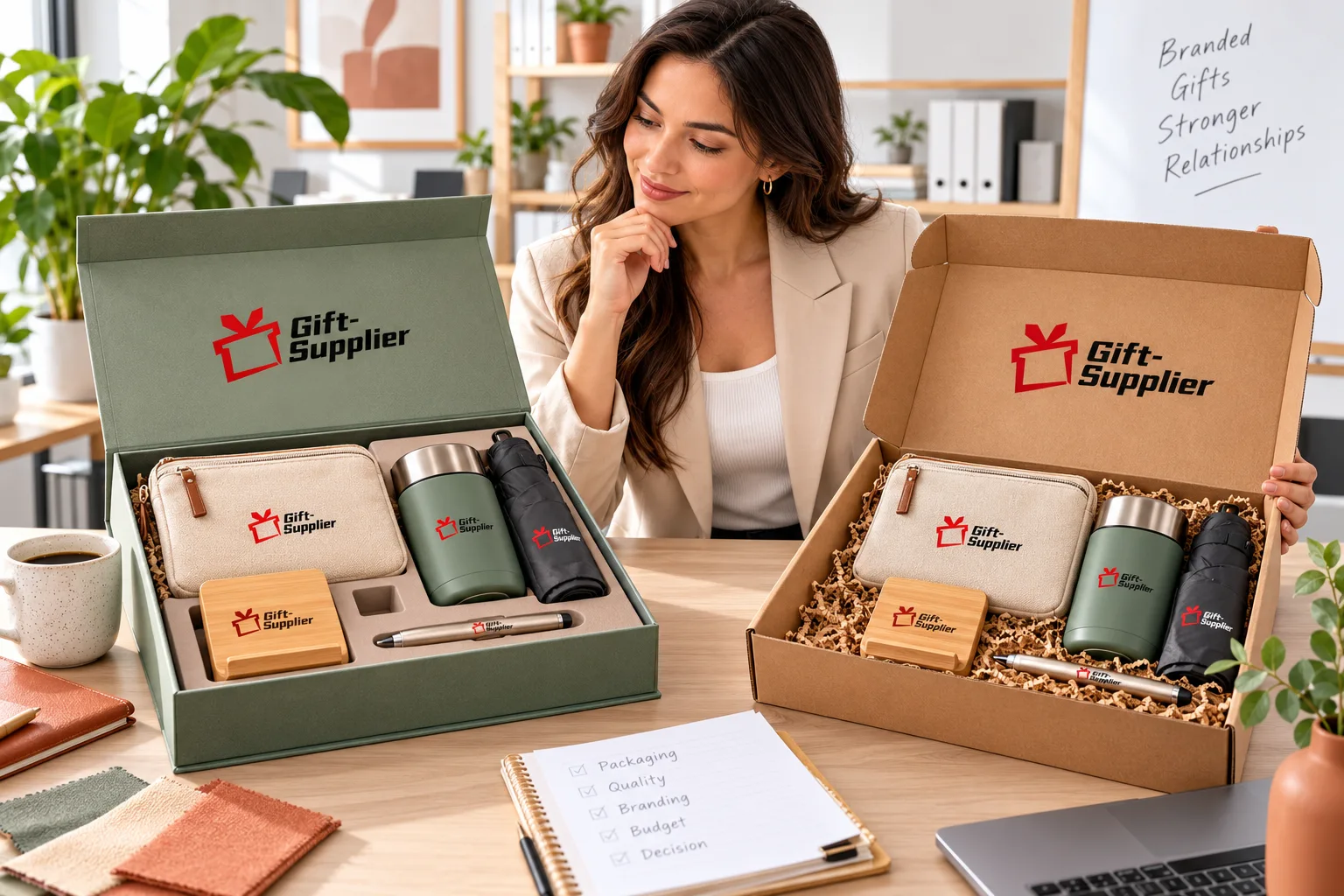 Marketing procurement lead comparing a premium branded gift box and a simplified structural gift box