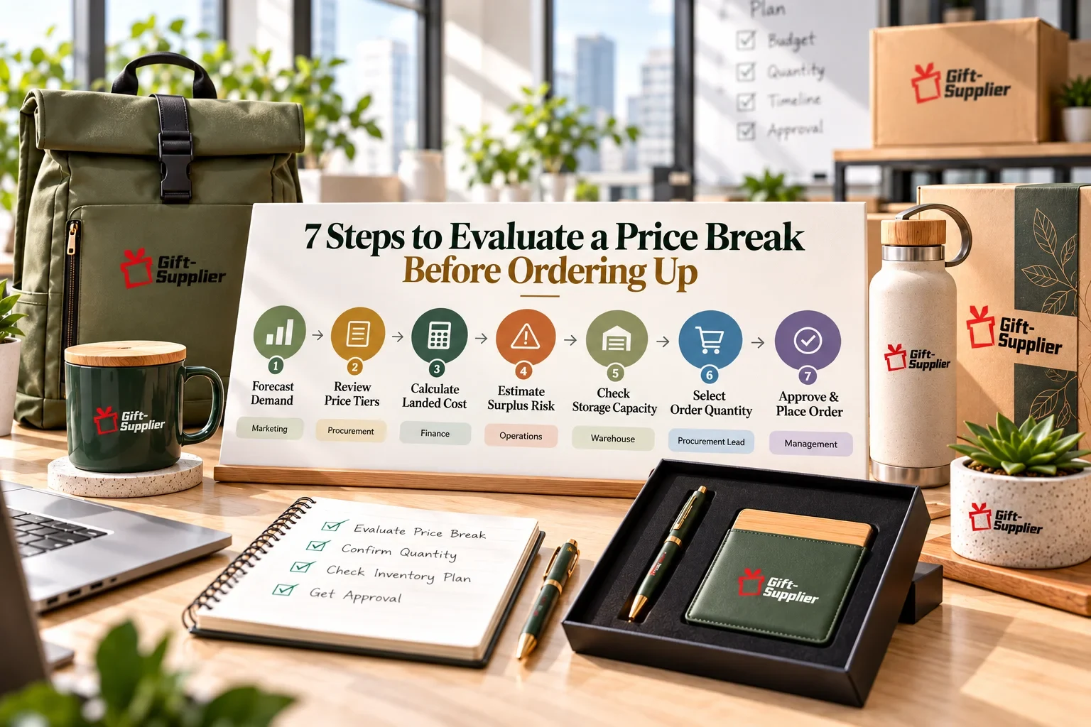 Clean seven-step horizontal workflow showing how a buyer moves from demand forecasting and price-tier review through landed cost, surplus risk, storage capacity, quantity selection, and final approval. Matching Gift-Supplier merchandise supports the visual without overwhelming the diagram.
