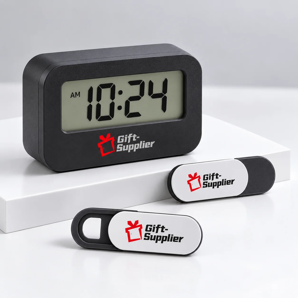 Sliding webcam covers and a digital desk clock with the Gift Supplier logo.
