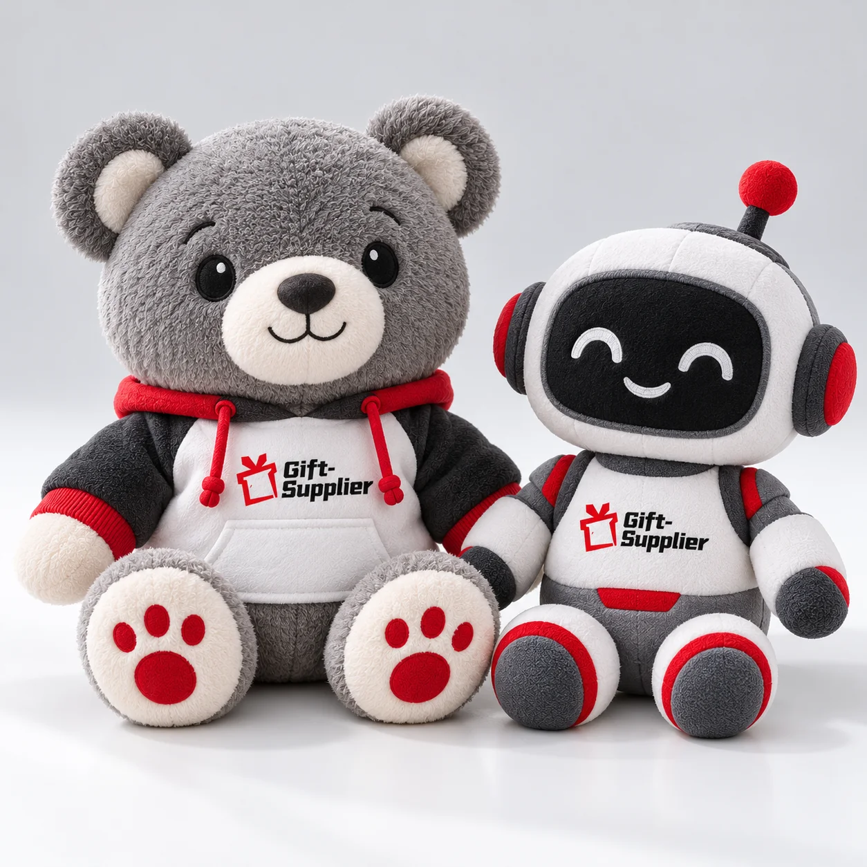 Bear and robot plush mascots with Gift Supplier logo chest panels.