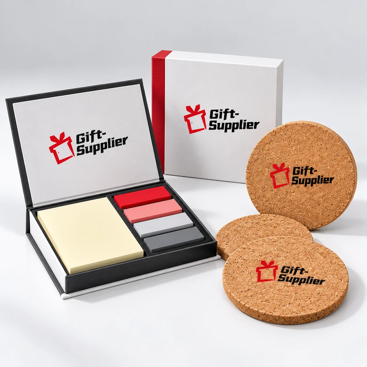 Paper sticky-note set and cork coasters with the logo.