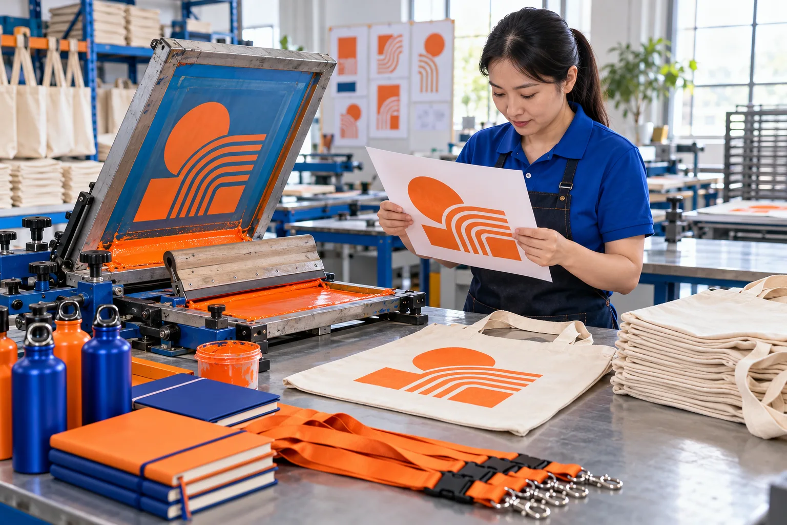Screen printing technician examining a printed proof sheet next to an orange ink screen press and branded canvas tote bags.