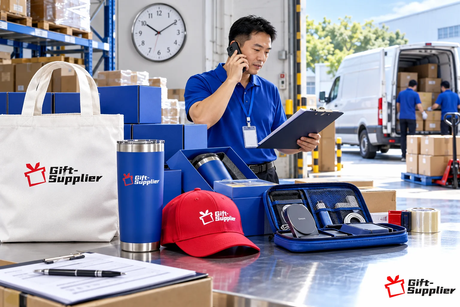 Warehouse manager talking on a phone while checking a clipboard next to boxed corporate gifts and a loading delivery van.