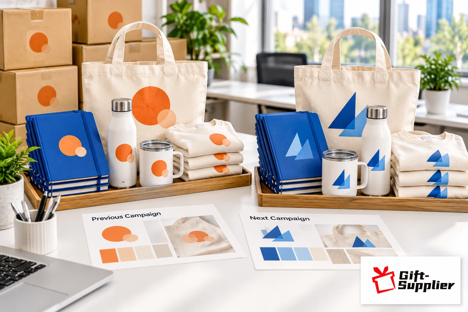 Side-by-side comparison of corporate gift sets displaying an orange circular logo for a Previous Campaign versus a blue geometric logo for the Next Campaign.