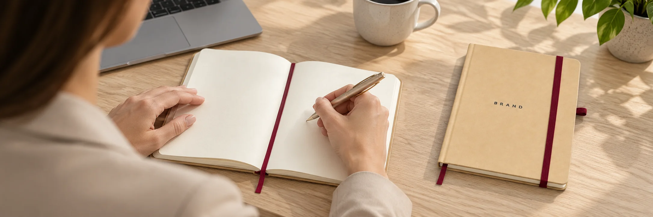 Person taking meeting notes beside a beige journal with burgundy elastic