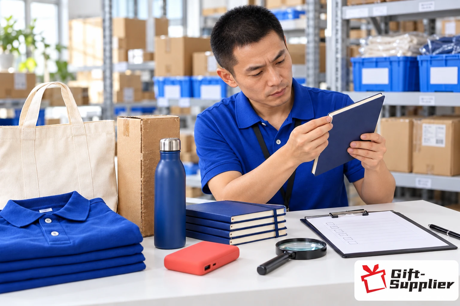 Inspector examining the spine and binding of a blue notebook at a QC table with a magnifying glass, clipboard, and sample products.