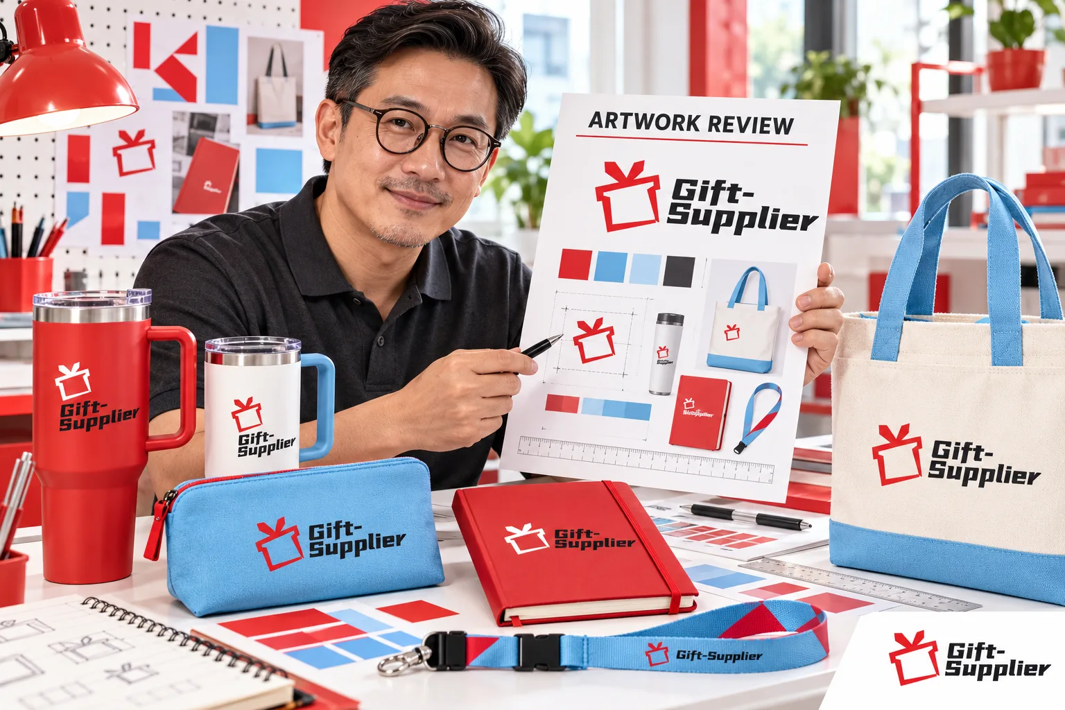 Graphic designer holding an Artwork Review proof sheet next to branded tumblers, notebooks, pouches, and tote bags.