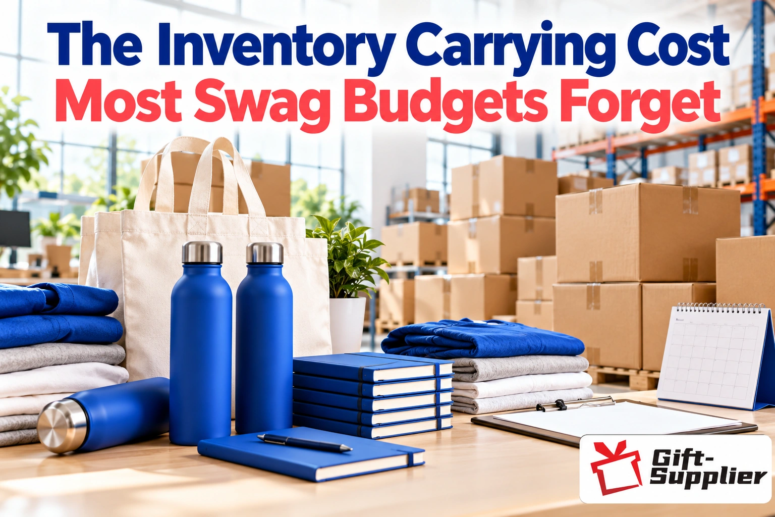 Corporate swag items arranged on a wooden desk in front of stacked warehouse inventory boxes beneath headline text.
