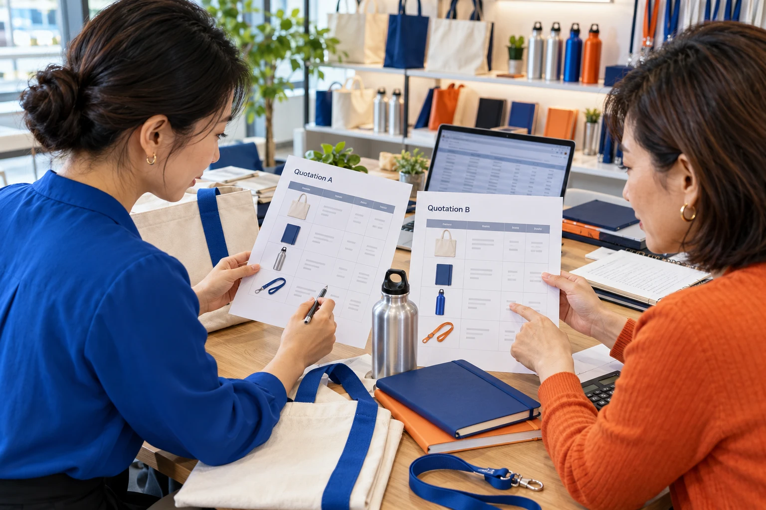 Two women reviewing and comparing itemized corporate gift proposals labeled Quotation A and Quotation B at a conference desk.